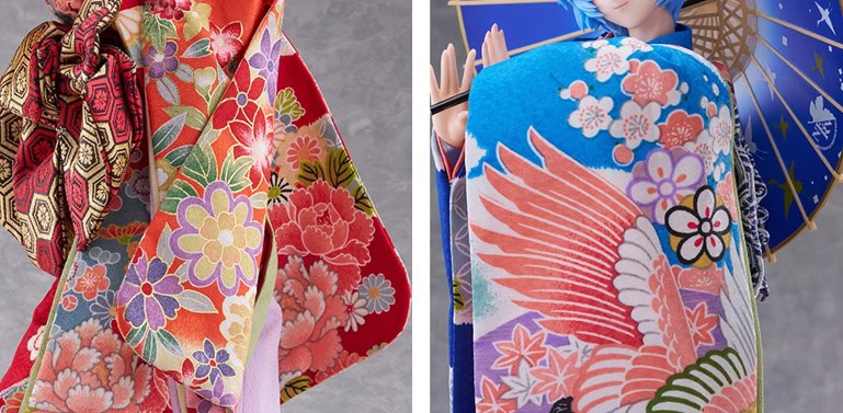 Evangelion | The Outerhaven Left panel shows a red kimono with a multicolor floral obi knot; right panel features a blue kimono with a large crane motif.
