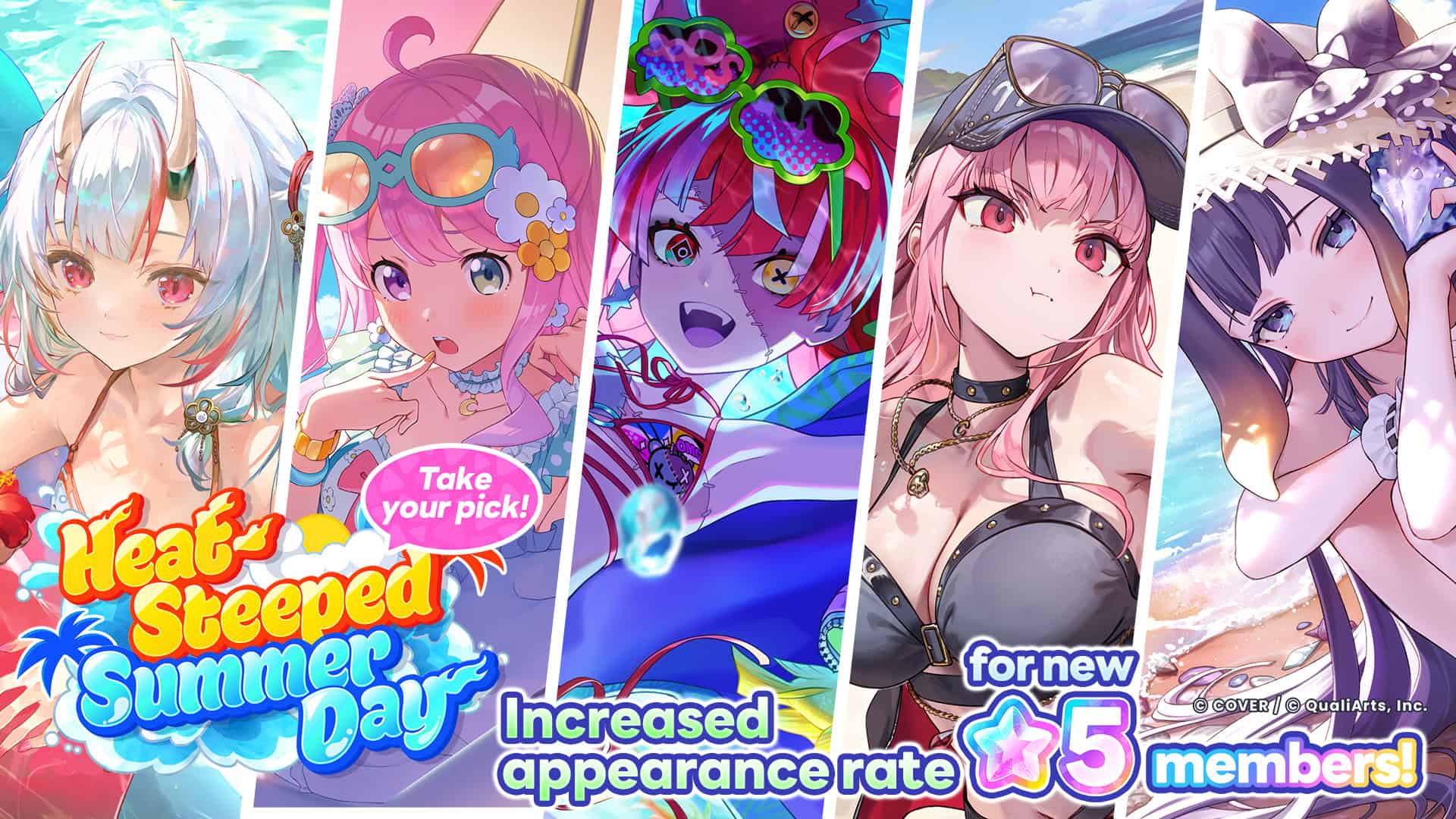 02_Gacha | The Outerhaven Promotional collage of five anime-style characters at a summer beach, with bright text and playful graphics.