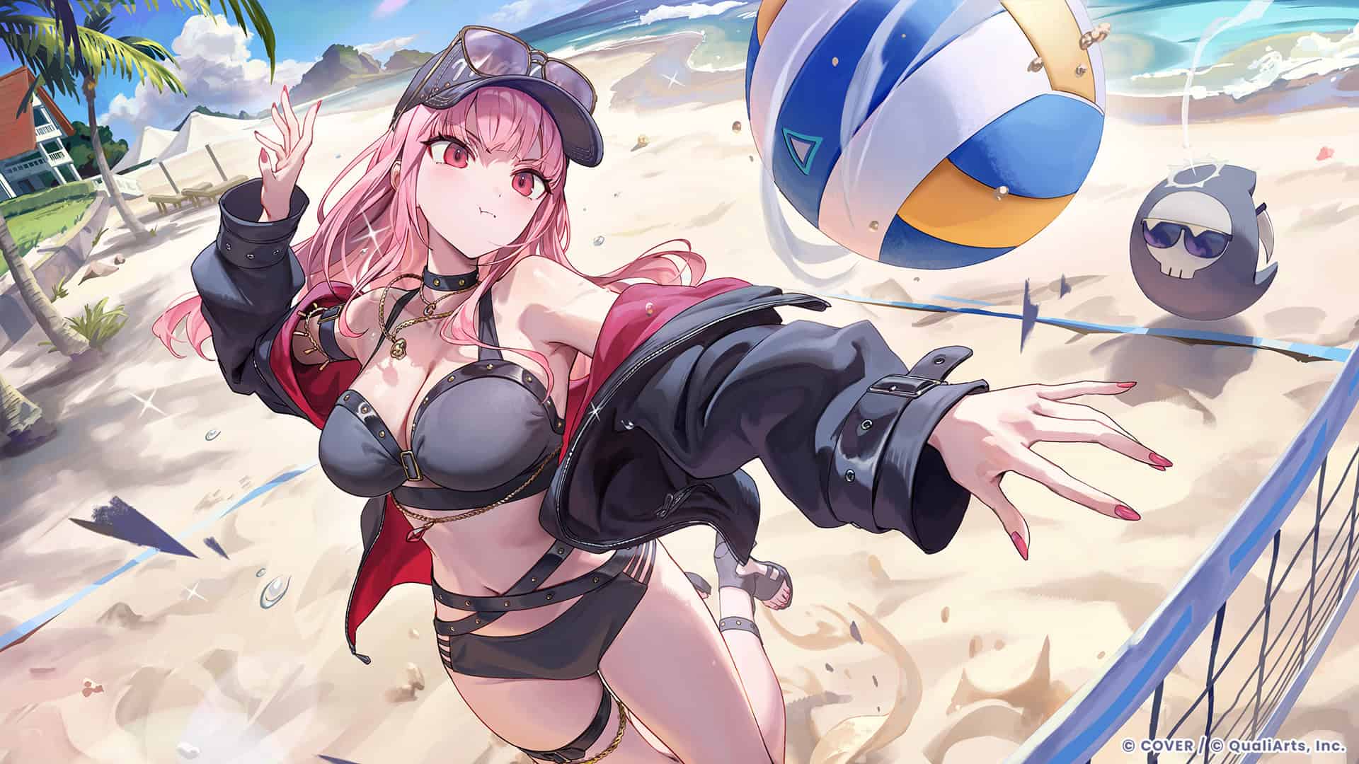 03_Mori Calliope | The Outerhaven Anime-style pink-haired girl in a black leather jacket and bikini spikes a beach volleyball on a sunny tropical beach with palm trees in the background.