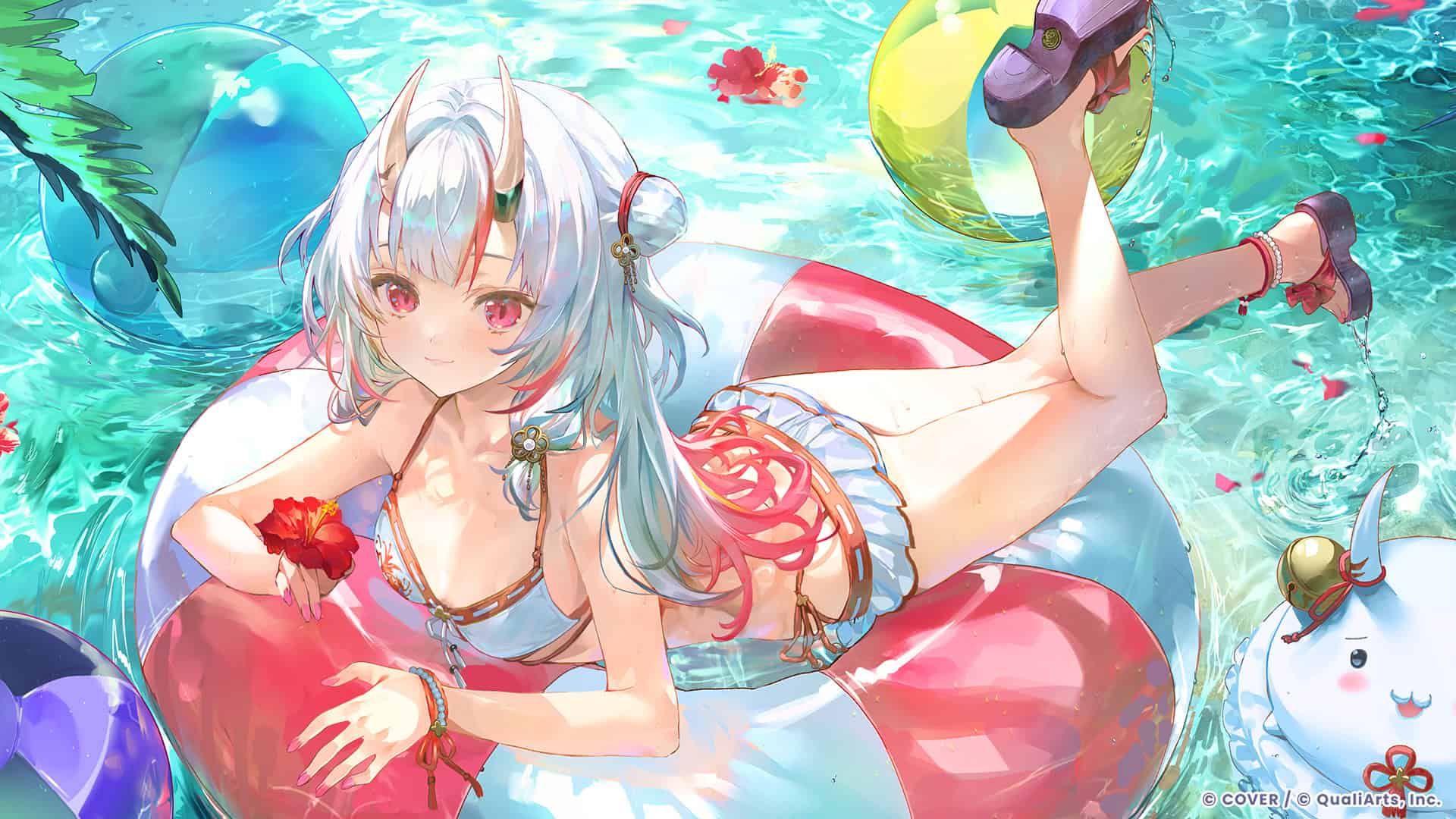 04_Nakiri Ayame | The Outerhaven Anime girl with white hair and small horns lounging on pink pool float in turquoise water, wearing a bikini and accessories, summer aquatic scene.
