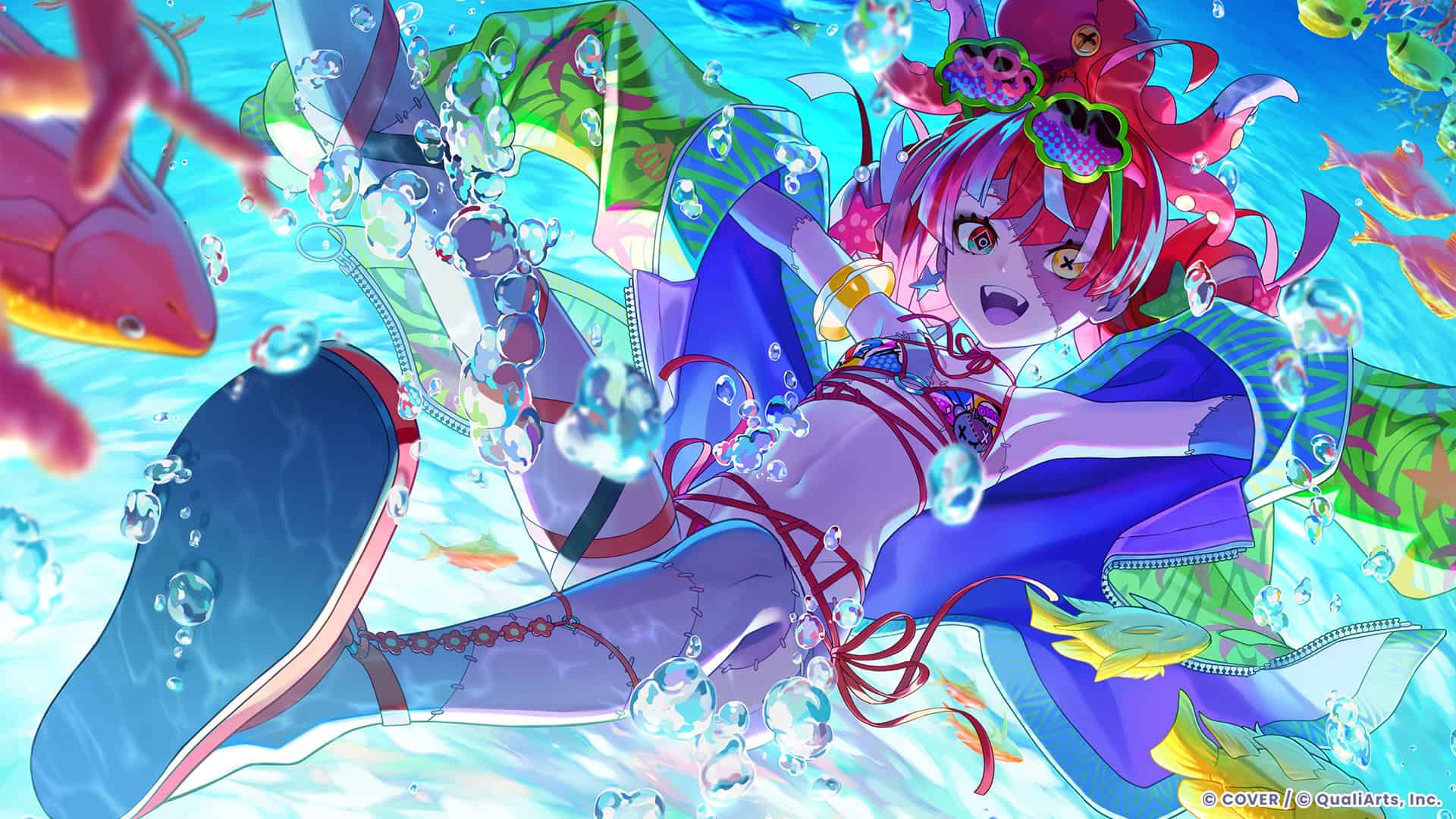 05_Kureiji Ollie | The Outerhaven Vibrant anime girl underwater, smiling, in a patterned jacket and bikini, bubbles surrounding her with colorful fish nearby