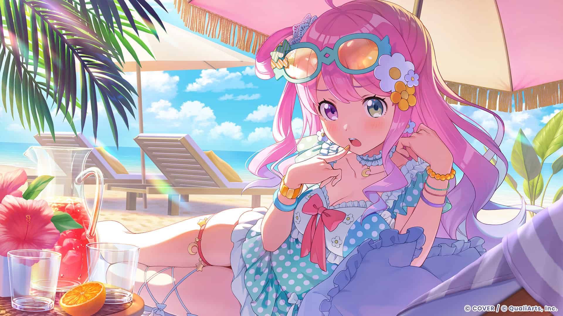 06_Himemori Luna | The Outerhaven Anime girl with pink hair and floral accessories lounging at a sunny tropical beach party, wearing turquoise sunglasses.
