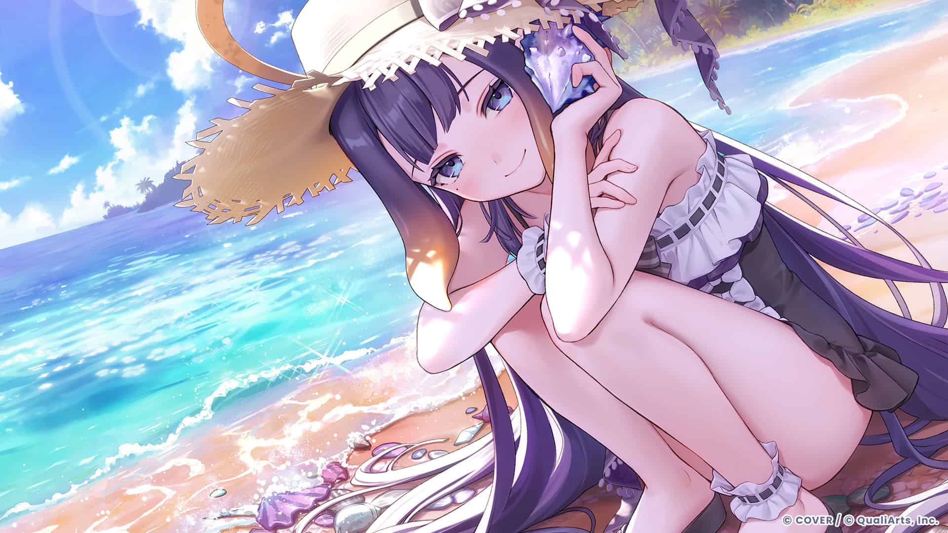 07_Ninomae Inanis | The Outerhaven Anime-style girl with long purple hair in a frilly swimsuit sits on a sunny beach, resting her chin on her knees while holding her hat; bright sea and sky in the background.