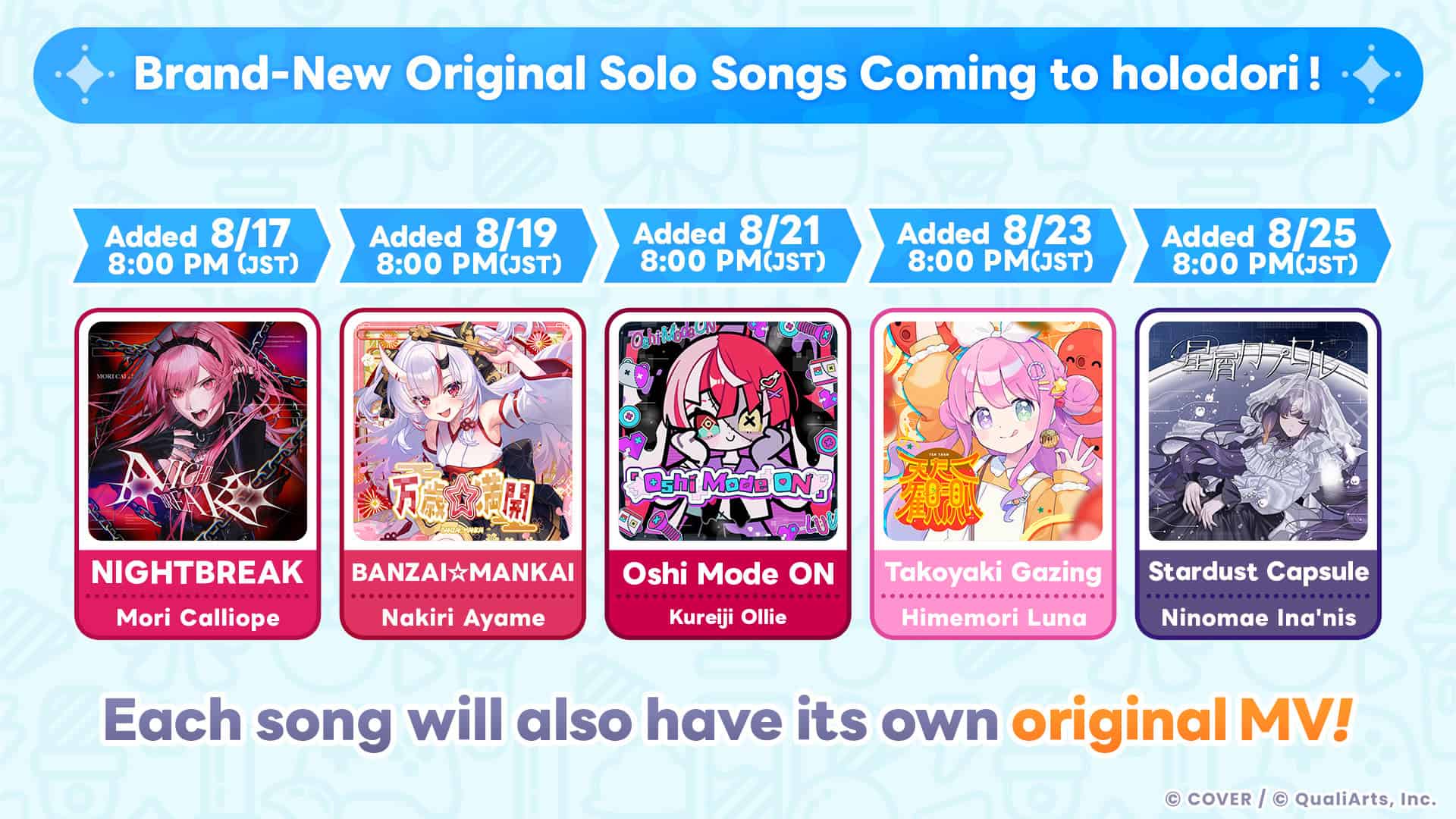 08_Five Brand-New Songs | The Outerhaven Promotional banner for brand-new original solo songs arriving at holodori with five release cards (Nightbreak, Banzai Mankai, Oshi Mode ON, Takoyaki Gazing, Stardust Capsule).