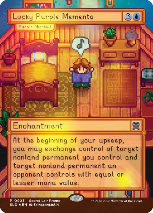 Pucas Mischief | The Outerhaven In-game pixel-art scene: a character reads a purple book in a cozy wood-paneled room, with a'Lucky Purple Memento' header at the top and an 'Enchantment' text panel at the bottom.