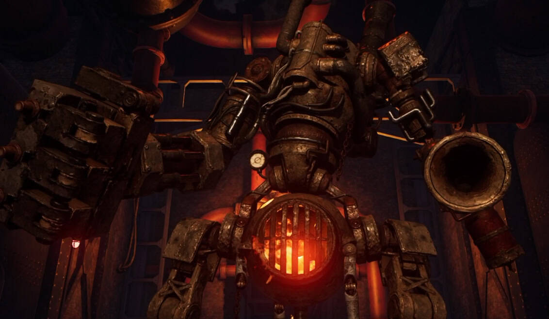 Kings Flame Fuoco | The Outerhaven Large rusted mechanical robot with glowing orange core in a dim industrial setting.