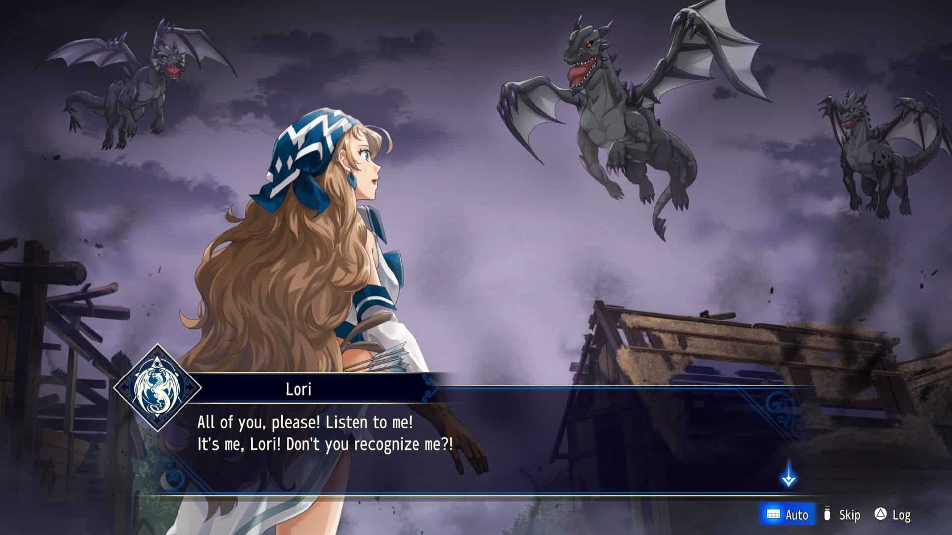 Brigandine Abyss Iori | The Outerhaven Cinematic screenshot of the artwork of a story scene in BRIGANDINE ABYSS. Stars Lori looking at a group of Dragons with the text dialogue "All of you, please! Listen to me! It's Me, Lori! Don't you recognize me?!"