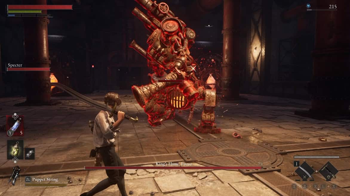 Fighting Fuoco | The Outerhaven Player character with a sword fights a massive red mechanical boss in a dark industrial arena.",