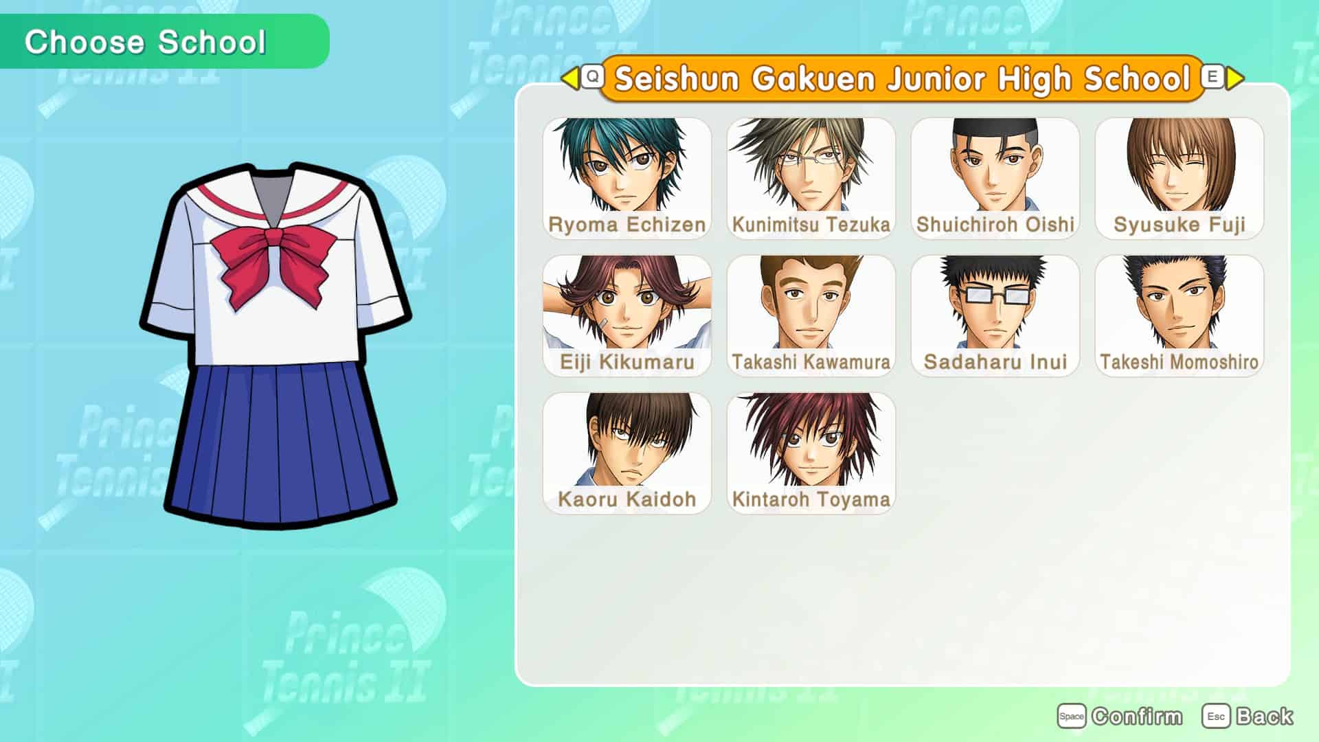 Prince of tennis school selection | The Outerhaven School selection screen in The Prince of Tennis Sweet School Festival