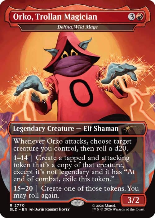 2770_MTGSL8_Main_EN_HRR Orko, Trollan Magician—red-robed Elf Shaman card art, casting sparks; text details rolling a d20 when Orko attacks to create tapped token copies of a controlled creature (3/2).