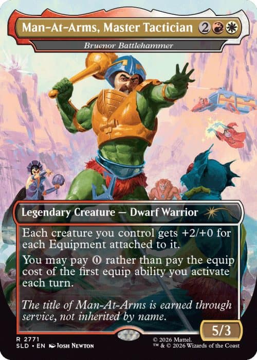 2771_MTGSL8_Main_EN_HRR Man-At-Arms, Master Tactician card: a dwarf warrior in orange armor raises a hammer on a colorful battlefield; Legendary Creature — Dwarf Warrior, 5/3, with flavor text at bottom.