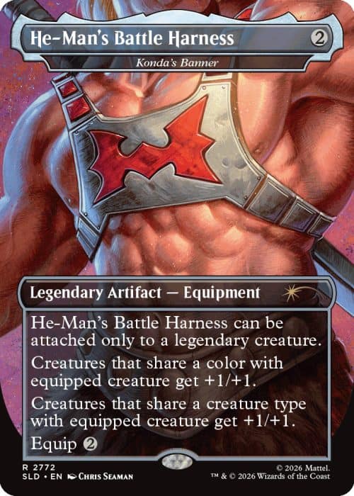 2772_MTGSL8_Main_EN_HRR “He-Man’s Battle Harness” card art showing a muscular figure wearing a silver harness with a red emblem; Legendary Artifact — Equipment.