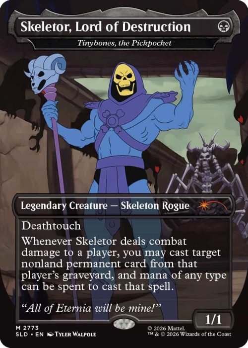 2773_MTGSL8_Main_EN_HRR Skeletor, Lord of Destruction: blue-skinned skeleton warrior in purple armor wielding a staff, on a fantasy card showing Deathtouch and flavor text 'All of Eternia will be mine!'