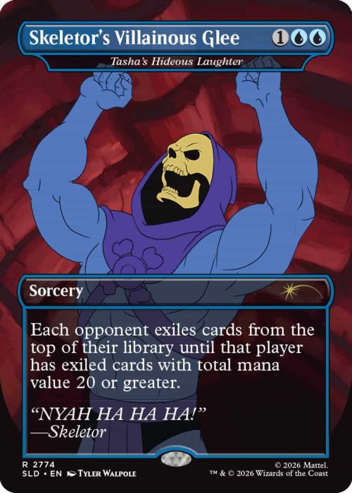 2774_MTGSL8_Main_EN_HRR Magic: The Gathering card – Skeletor's Villainous Glee – Skeletor raising fists; a Sorcery card with flavor text 'NYAH HA HA HA!'
