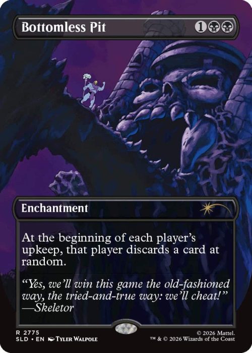 2775_MTGSL8_Main_EN_HRR Trading card image: Bottomless Pit, an Enchantment card with dark fantasy art showing a massive stone face forming a pit in a purple-lit scene; card text about discarding a card at random and a quote.
