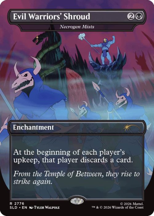 2776_MTGSL8_Main_EN_HRR Magic: The Gathering enchantment card Evil Warriors' Shroud (Necrogen Mists) with armored demons on a dark battlefield; upkeep discard effect described on the card text.
