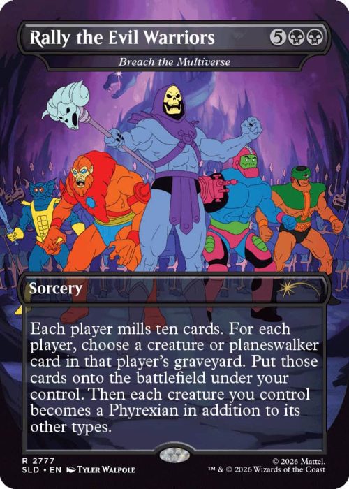 2777_MTGSL8_Main_EN_HRR Card image titled 'Rally the Evil Warriors' showing a lineup of colorful villains in a dark cavern, led by a tall blue skeletal warrior; subtitle 'Sorcery' and a paragraph of rules text describe milling ten cards and turning each creature or planeswalker in the graveyard into a Phyrexian in addition to its other types.