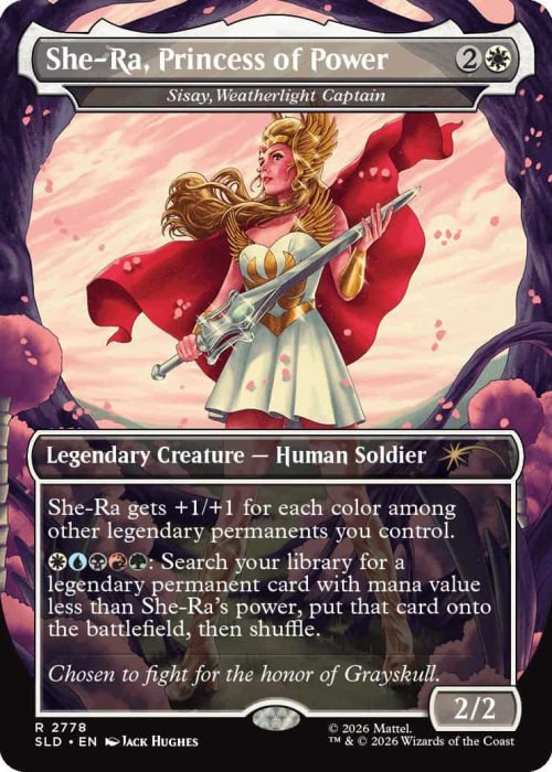 2778_MTGSL8_Main_EN_HRR She-Ra, Princess of Power — Sisay, Weatherlight Captain; Legendary Creature — Human Soldier with 2/2 power/toughness, holding a sword.