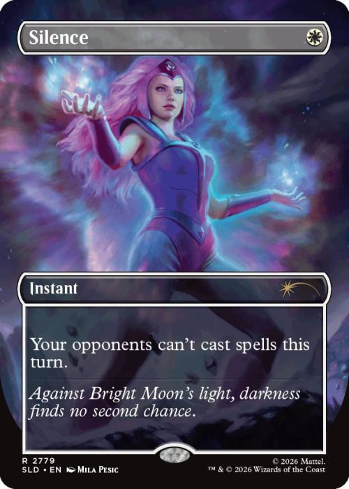 2779_MTGSL8_Main_EN_HRR Card: Silence — an instant spell card. Your opponents can’t cast spells this turn; flavor text mentions Bright Moon’s light and no second chance.