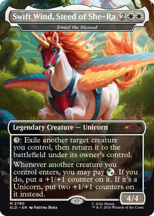 2780_MTGSL8_Main_EN_HRR MTG card: Swift Wind, Steed of She-Ra, a winged unicorn with a fiery orange mane galloping through a forest; shows its abilities and 4/4 stat line.