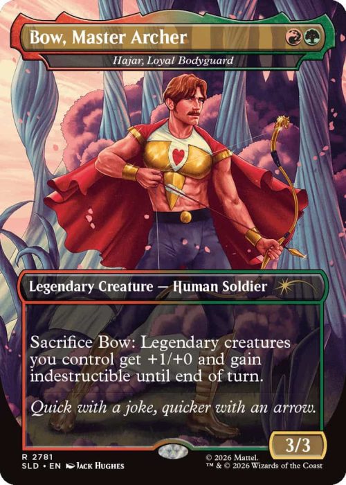 2781_MTGSL8_Main_EN_HRR Bow, Master Archer card featuring a muscular human soldier with a bow and red cape in a fantasy forest; legendary creature 3/3 with Sacrifice Bow ability text visible.