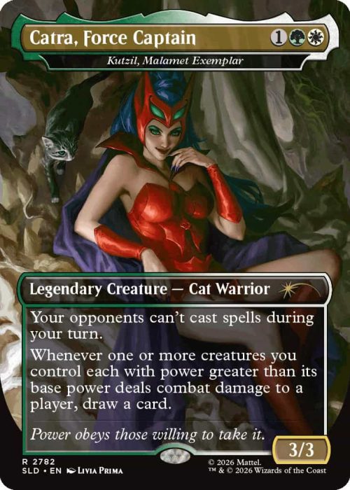 2782_MTGSL8_Main_EN_HRR Card image: MTG legendary creature Catra, Force Captain, a Cat Warrior with a red outfit, seated in a forest scene with a feline companion in the background.