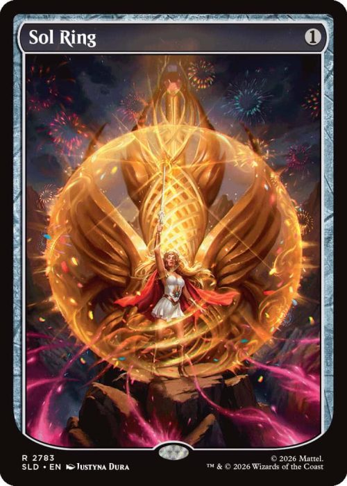 2783_MTGSL8_Main_EN_HRR Sol Ring card art: a woman in a white dress with a red cape inside a glowing golden ring against a celebratory night sky with fireworks.