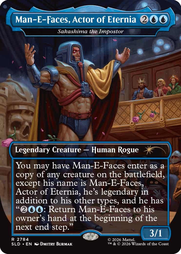 2784_MTGSL8_Main_EN_HRR Man-E-Faces, Actor of Eternia: Legendary Human Rogue card; muscular armored figure raises arms in an arena with spectators around him.