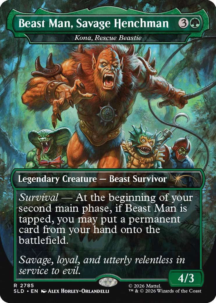 2785_MTGSL8_Main_EN_HRR Beast Man, Savage Henchman card featuring a towering orange-furred beast leading a group in a jungle; 4/3 Legendary Creature — Beast Survivor; Survival ability text included.