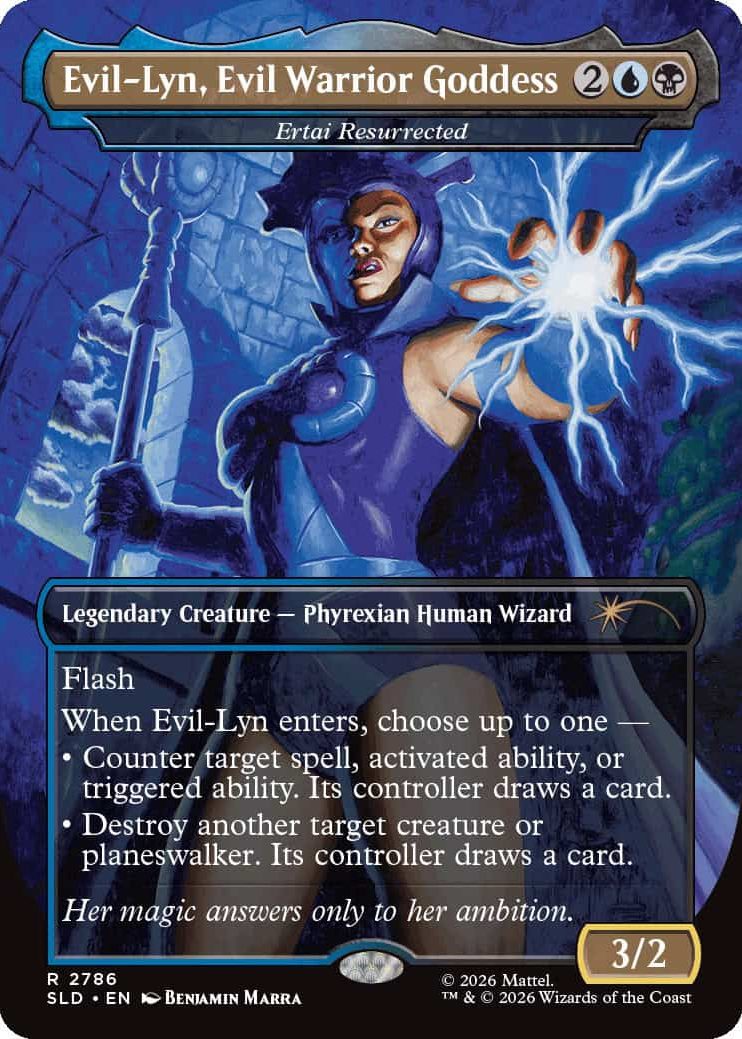 2786_MTGSL8_Main_EN_HRR Evil-Lyn, Evil Warrior Goddess, a legendary Phyrexian human wizard, summoning blue energy from her hand.
