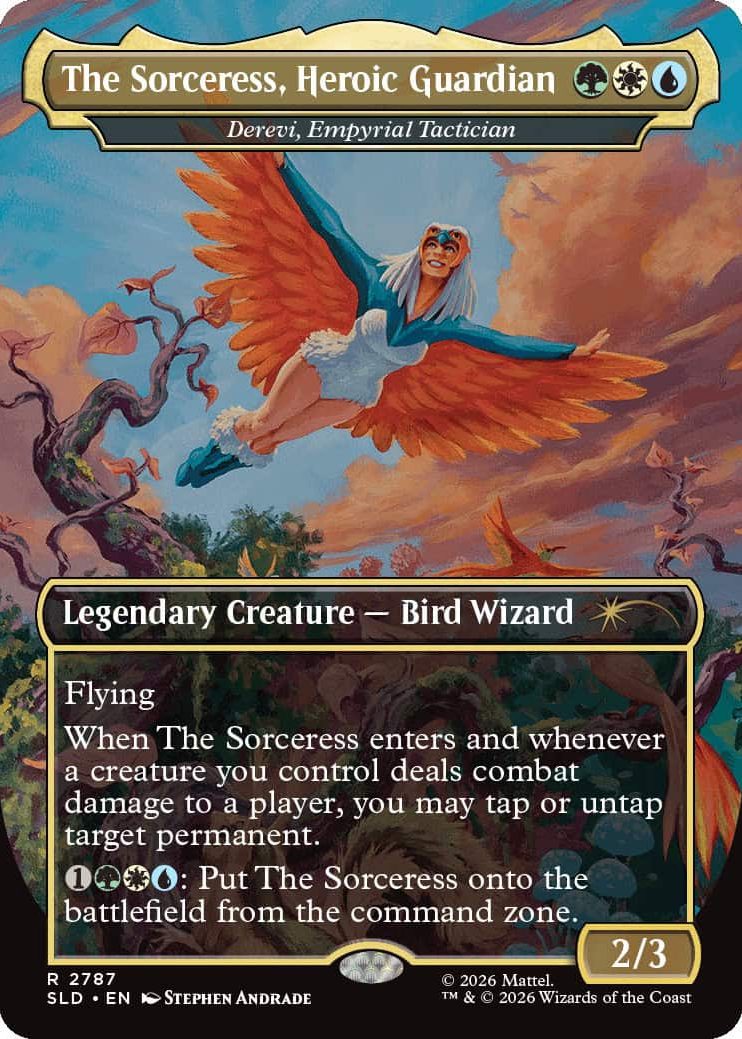 2787_MTGSL8_Main_EN_HRR MTG card image: The Sorceress, Heroic Guardian, a Legendary Creature — Bird Wizard with flying; shows name, type line, and abilities.