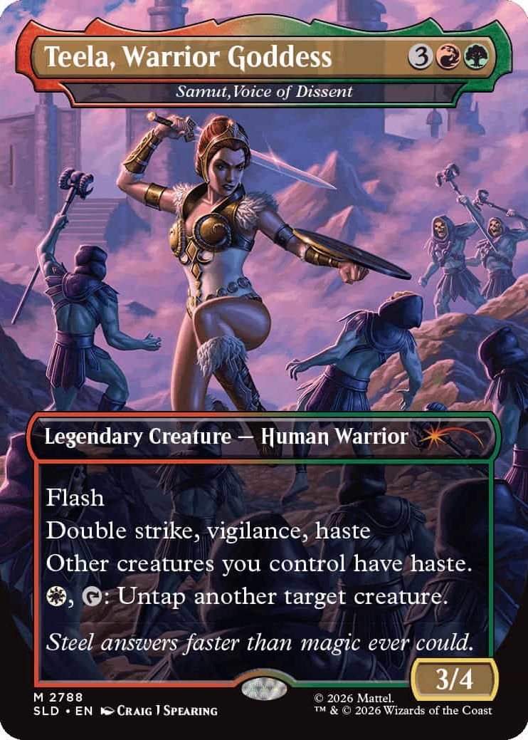 2788_MTGSL8_Main_EN_HRR Teela, Warrior Goddess—Legendary Human Warrior card image showing a fierce armored woman raising a dagger while leading a battle; background of warriors fighting.