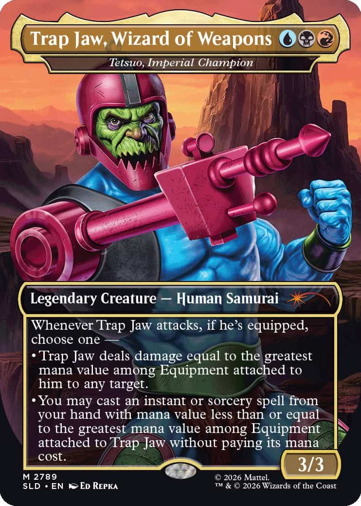 2789_MTGSL8_Main_EN_HRR Card art: Trap Jaw, Wizard of Weapons, a green-faced villain wielding a pink mechanical arm cannon with a desert landscape in the background (Magic card)