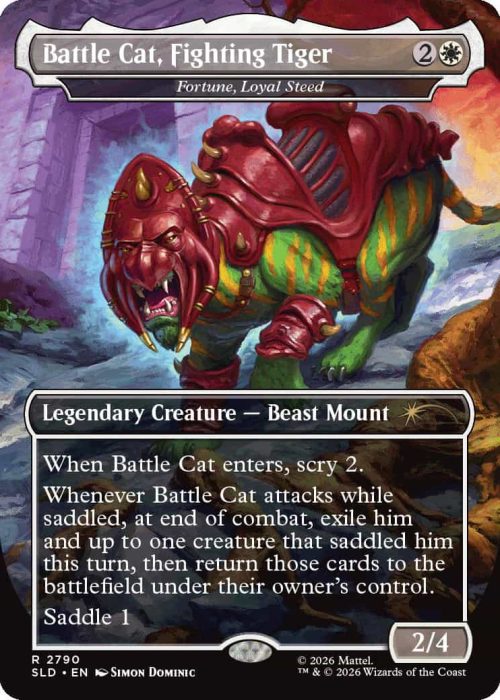 2790_MTGSL8_Main_EN_HRR Battle Cat, Fighting Tiger: a Magic: The Gathering legendary creature—Beast Mount card, featuring a red-armored tiger charging through a rocky, colorful landscape.