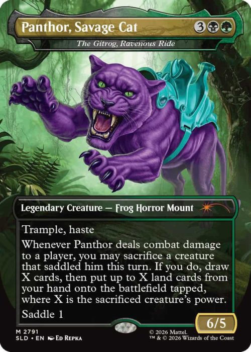 2791_MTGSL8_Main_EN_HRR Panthor, Savage Cat — Legendary Creature (Frog Horror Mount) on a jungle card; shows 6/5 stats and a text box describing its sacrifice/land draw ability.