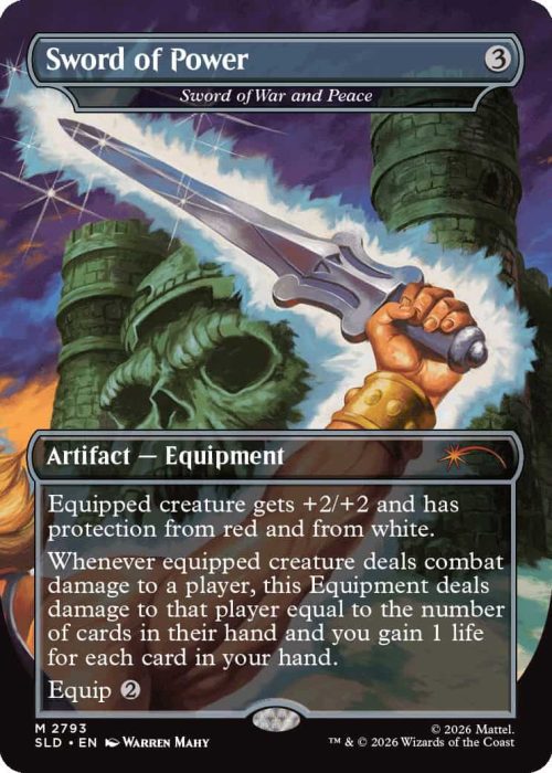 2793_MTGSL8_Main_EN_HRR Card image: MTG artifact Equipment named Sword of Power, showing a raised silver sword held by a gloved hand with a gold cuff, against a purple sky and ruined towers; text box with rules visible.