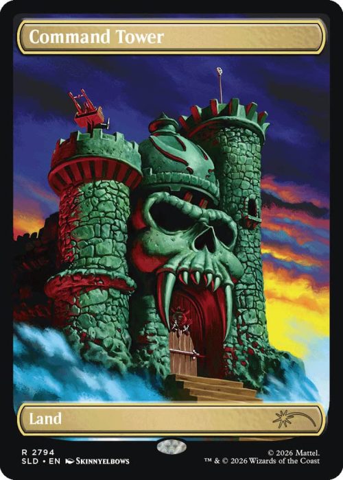 2794a_MTGSL8_Main_EN_HRR Command Tower land card with a fortress skull gateway against a sunset sky.