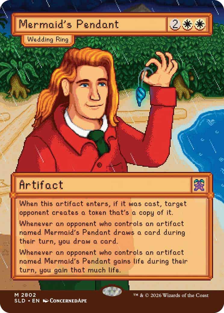 Wedding Ring | The Outerhaven Artifact card titled Mermaid's Pendant: man in a red coat holds a blue pendant on a beach, with the card text describing its effects.