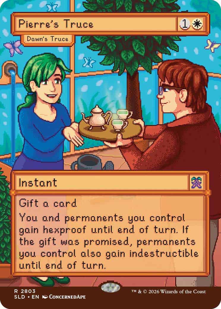 In-game card screen showing 'Pierre's Truce' Instant spell; you and permanents you control gain hexproof until end of turn as two people share a tea tray in a cafe setting.