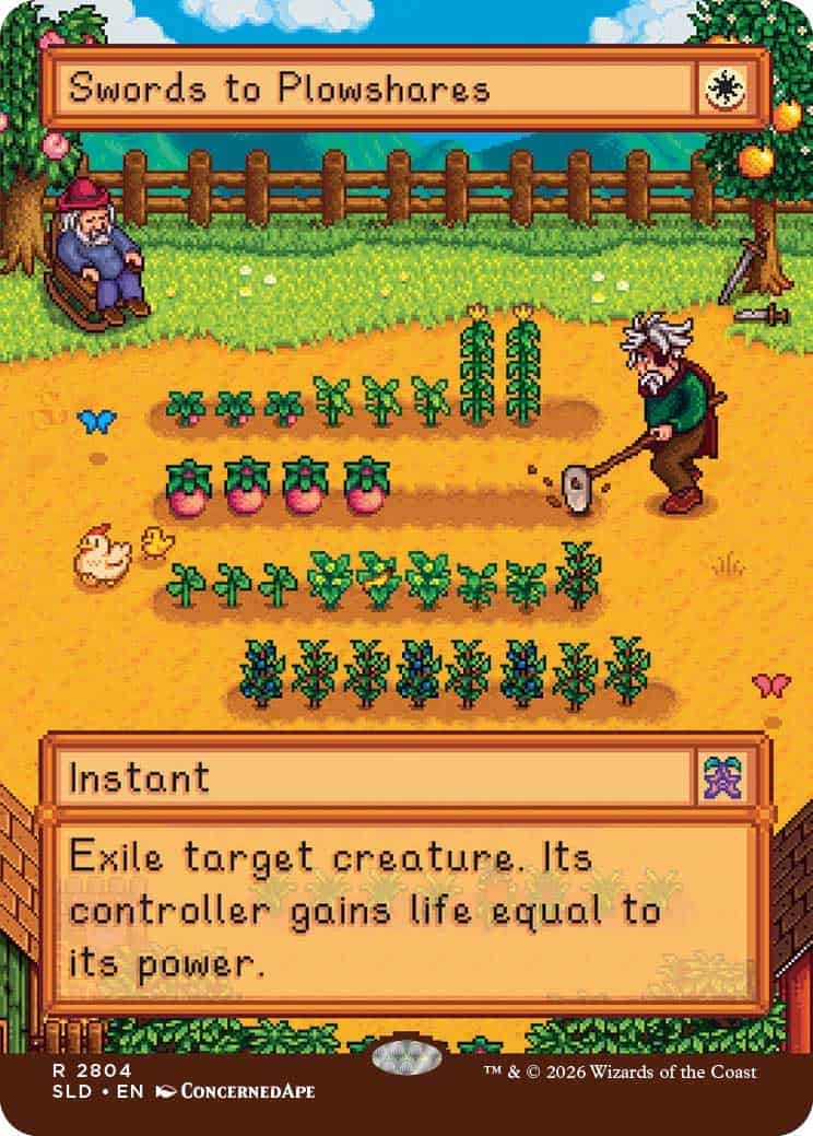 Swords to Plowshares | The Outerhaven Pixel-art garden scene from a fantasy game showing the 'Swords to Plowshares' instant card icon and text above the field.