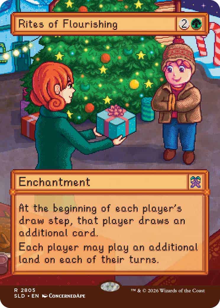 Two people exchange a gift beside a lit Christmas tree; a game card titled 'Rites of Flourishing' is shown above the word Enchantment.