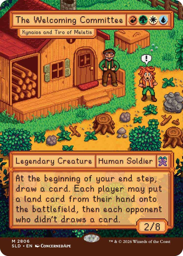 Screenshot from a fantasy game: wooden hut, two NPCs, quest panel titled 'The Welcoming Committee' with card-drawing rules.