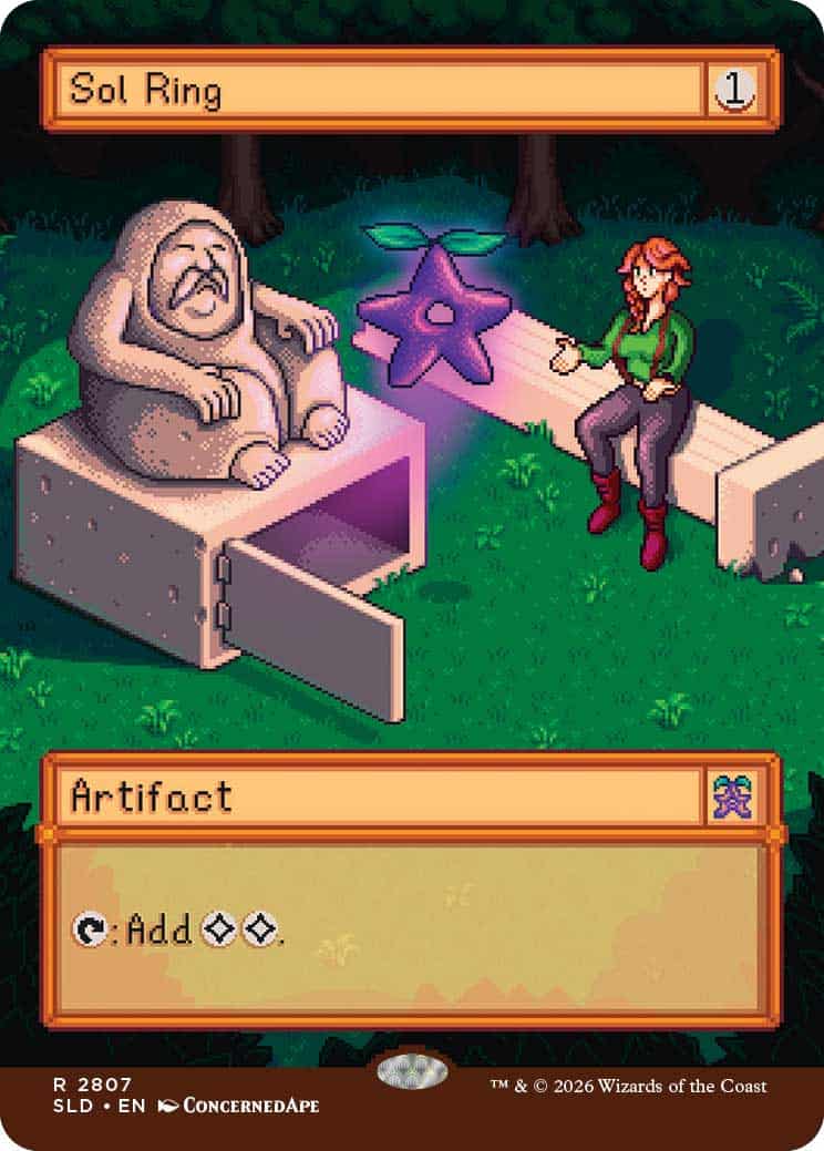 In-game scene: a Sol Ring artifact on a pedestal in a forest, with a statue and a female character nearby.