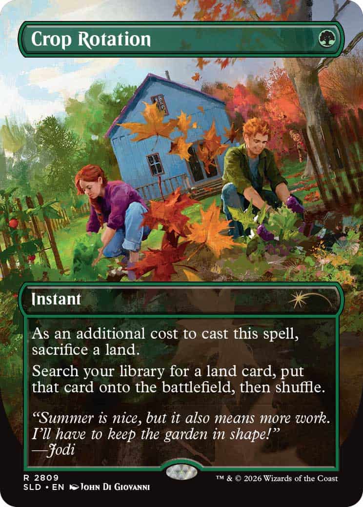 Crop Rotation | The Outerhaven Crop Rotation — an instant card; artwork shows people gardening in autumn leaves. Card text: Sacrifice a land to search your library for a land card, put it onto the battlefield, then shuffle. Flavor quote by Jodi.
