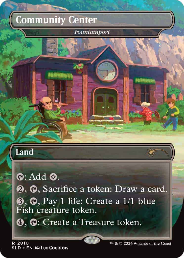 Colorful card depicting a small wooden 'Community Center' with a clock, surrounded by people and a wheelchair user nearby, labeled 'Land'.