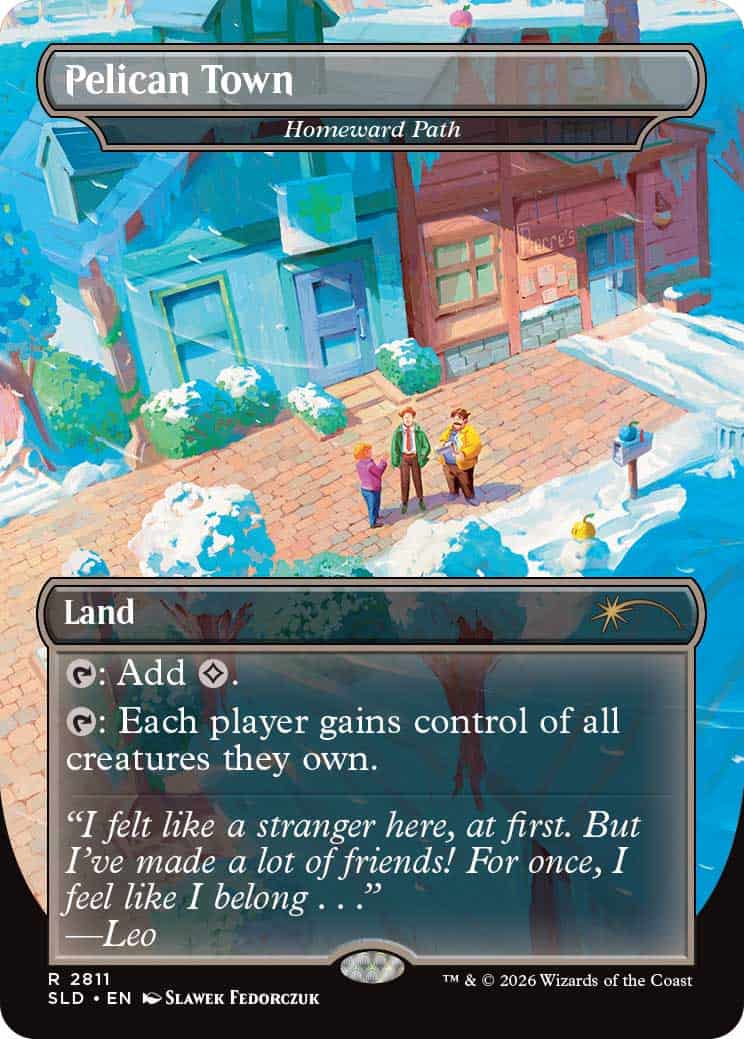 Homeward Path | The Outerhaven Card from a game titled Pelican Town: Homeward Path, showing a snowy village street with colorful houses and three people chatting on a brick path.