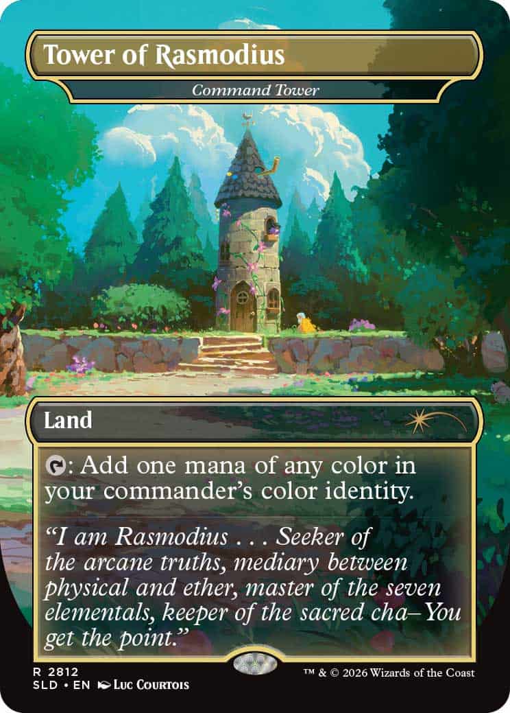 Command Tower | The Outerhaven Tower of Rasmodius land card showing a small stone tower in a sunlit forest, with mana rules text at the bottom.