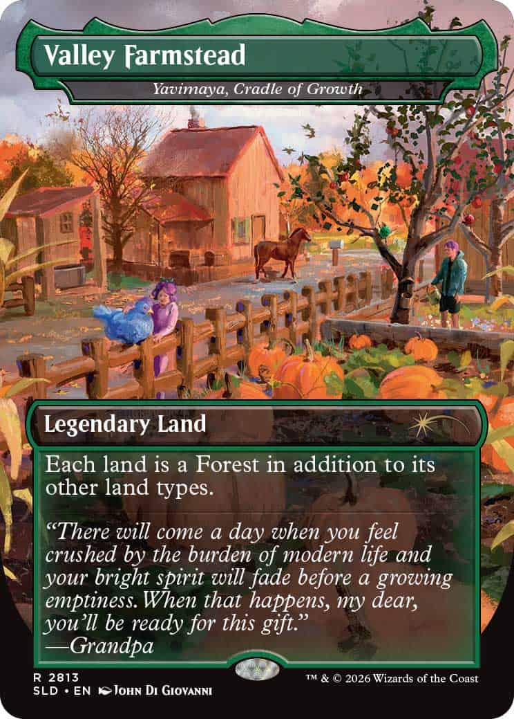 Yavimaya Cradle of Growth | The Outerhaven Valley Farmstead card showing an autumn farm scene with pumpkins, a wooden fence, barn, a horse, and a green title banner reading 'Valley Farmstead'.