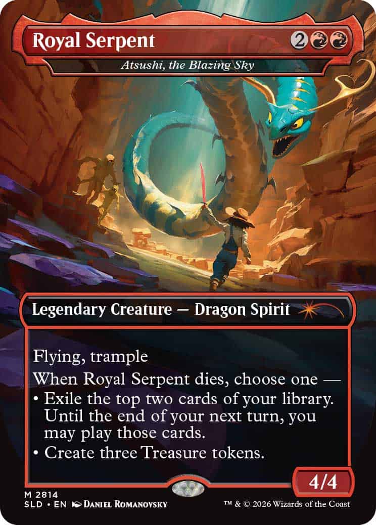Atsushi the Blazing Sky | The Outerhaven MTG card art: Royal Serpent, a Legendary Dragon Spirit—teal dragon coils above a canyon as a swordsman with a red blade faces it; 4/4, flying, trample.
