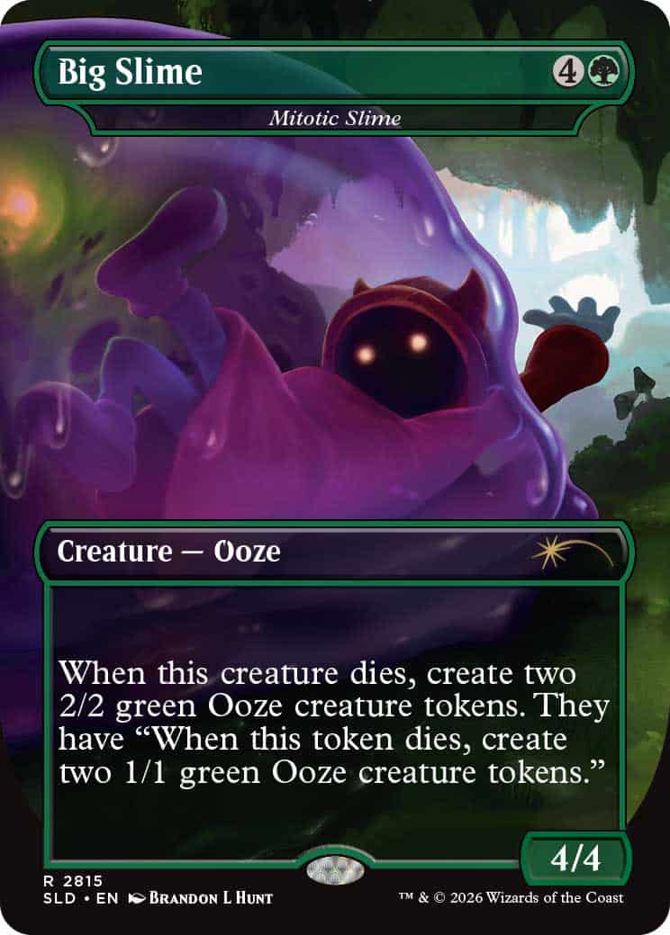 Mitotic Slime | The Outerhaven MTG card image: purple blob creature named Big Slime (Creature — Ooze) in a forest, with its rules text about creating Ooze tokens when it dies.